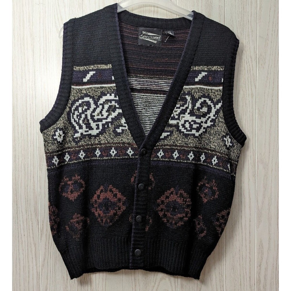 Vintage Expressions Pattern Knit Sweater Vest Large 80s 90s Abstract Multicolor